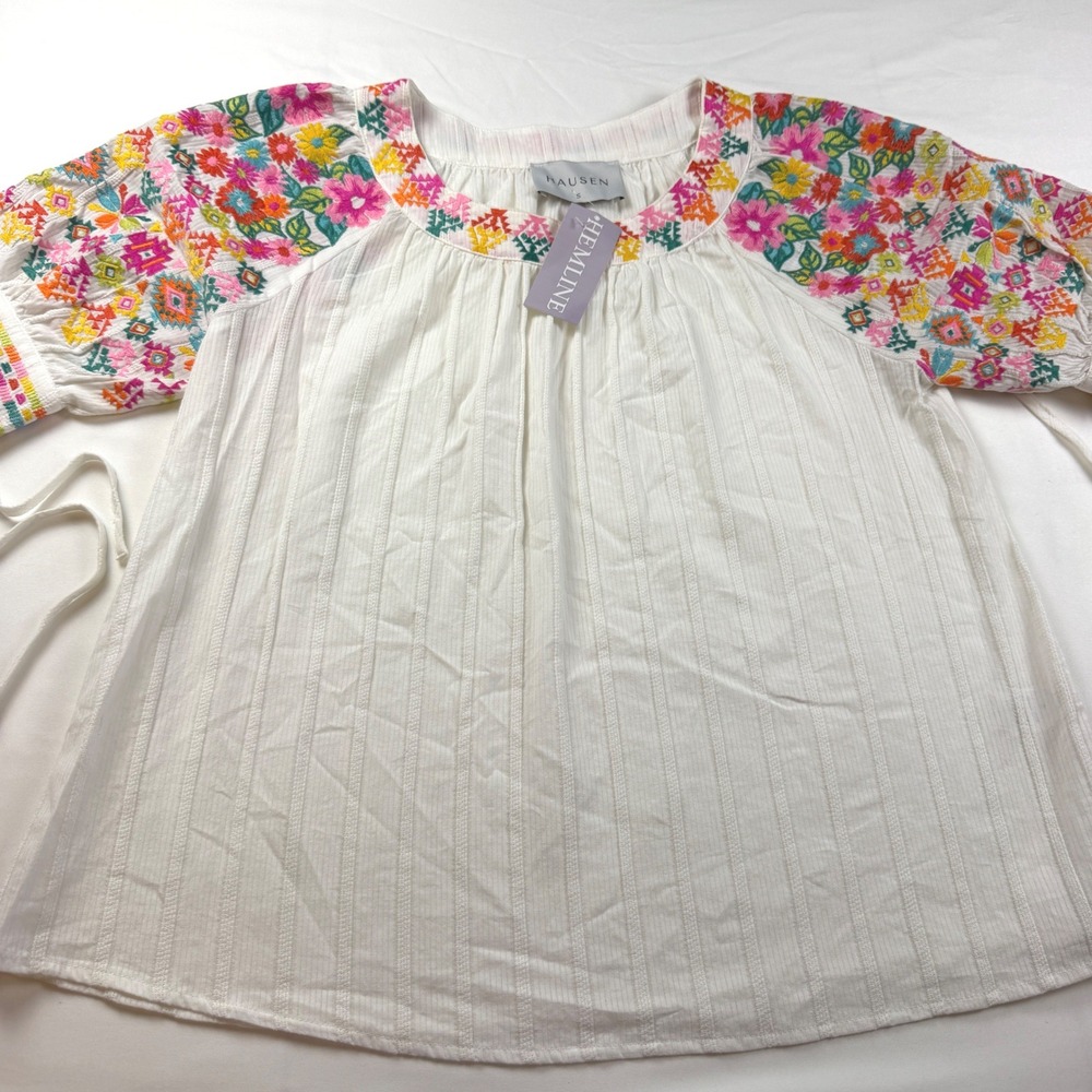 Boutique Hausen Embroidered Blouse Womens S White Floral Boho Peasant Top NWT